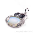 Charm Jewelry 925 Sterling Silver Cabochon Alloy Owl Pendant Necklace Opalite Stone Pendulum